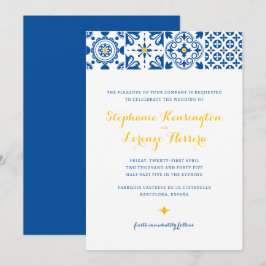 地中海スタイルのタイル 青 黄 結婚式 招待状