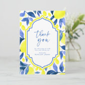 地中海スタイルのブルー イエロー レモン ブライダルシャワー サンキューカード (スタンド正面)