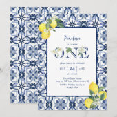 地中海スタイルのレモン 女の子 ファーストバースデー 招待状 (正面/裏面)