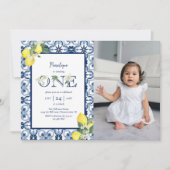 地中海スタイルのレモン 赤ちゃん女の子 1歳の誕生日 招待状 (正面)