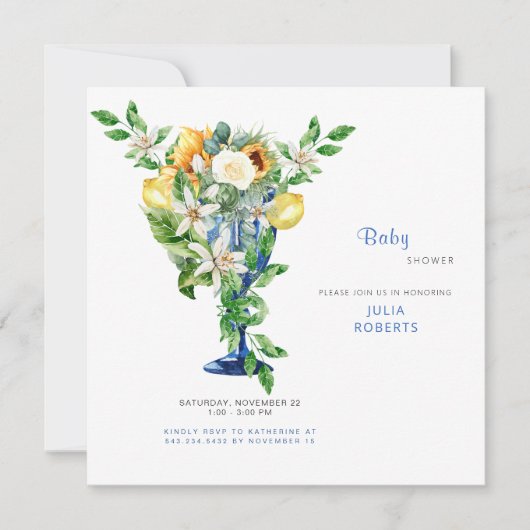地中海スタイルの美しい花のベイビーシャワー 招待状 (正面)