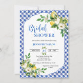 地中海スタイルの青いタイルとバラとレモンのウェディングシャワー 招待状 (正面)