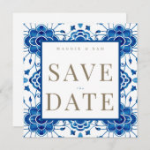 地中海スタイルの青い結婚式のSave the Date セーブザデート (正面/裏面)