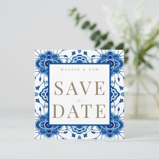 地中海スタイルの青い結婚式のSave the Date セーブザデート (スタンド正面)