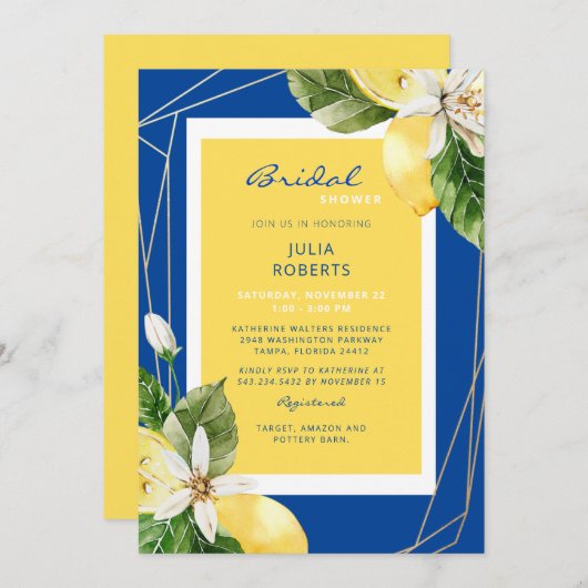 地中海スタイルの青と黄色の結婚前お祝いパーティー 招待状 (正面/裏面)