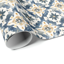 地中海タイルギフト包装紙、青と金 ラッピングペーパー