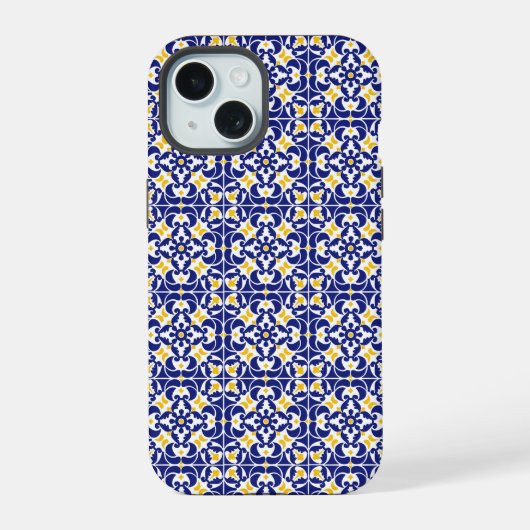 地中海タイル 青と黄色のパターン iPhone 15ケース (裏面)