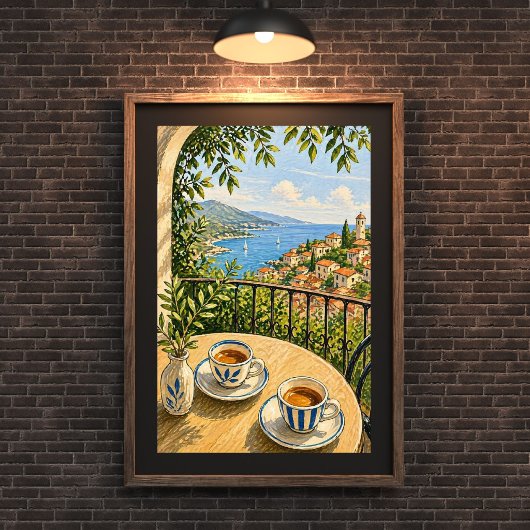 地中海バルコニーコーヒーシーン絵画、海岸 ポスター