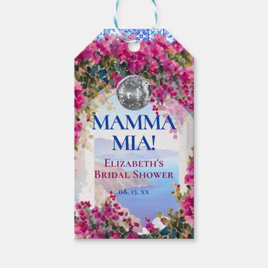 地中海ブルーのタイル ピンクの花 ディスコボール ギフトタグ (正面)