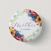 地中海ブルーの花の模様のウェディングドレスの母 缶バッジ (正面)