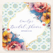 地中海ブルーの花柄ブライズシャワー スクエアペーパーコースター (正面)