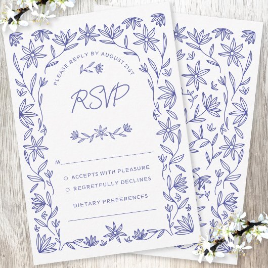地中海ブルーの野の花の結婚式RSVPカード 出欠カード