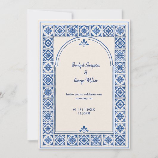 地中海ブルータイルアーチの水彩ウェディング 招待状 (正面)