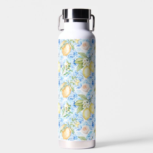地中海ブルータイルイエローレモン水彩 ウォーターボトル (正面)