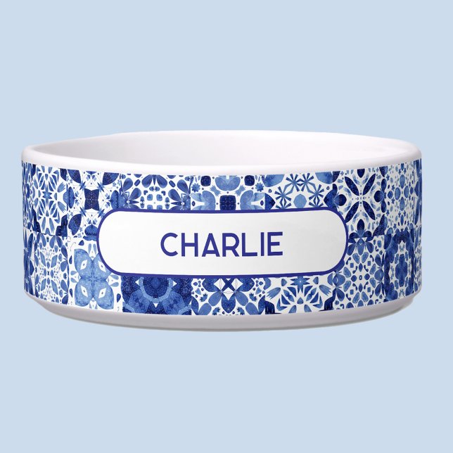 地中海ブルーホワイトタイルペットの名前水彩 ボウル (Modern Mediterranean blue and white watercolor tile pattern personalized custom dog cat name bowl)