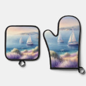 地中海ラベンダー海岸とヨット 鍋つかみ&鍋敷きセット (正面)