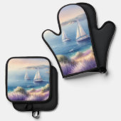 地中海ラベンダー海岸とヨット 鍋つかみ&鍋敷きセット (正面/裏面)