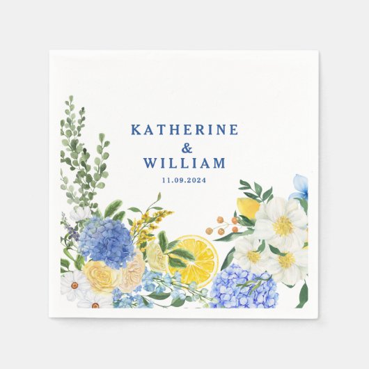 地中海レモ結婚ンの青と黄色のフローラ スタンダードカクテルナプキン (正面)