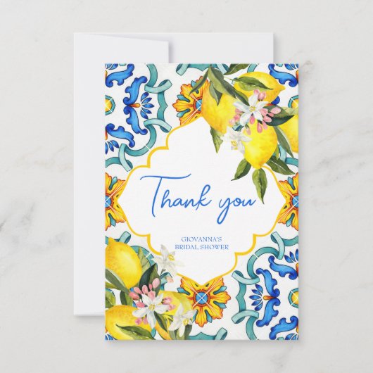 地中海風のマジョリカタイルとレモンがモチーフのウェディングシャワー サンキューカード (正面)