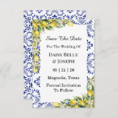 地中海風のレモンとブルーのモザイクタイルを使ったウェディングのお知らせ セーブザデート (正面/裏面)