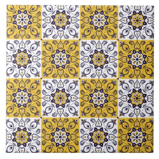 地中海風の黄色と青の花柄タイル タイル (正面)