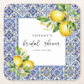 地中海風 青いタイル レモン ブライダルシャワー スクエアペーパーコースター (正面)