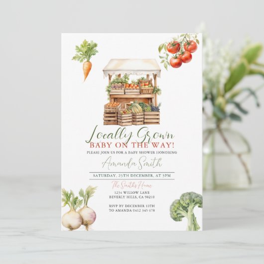 地元でモダン栽培された新鮮な市場の赤ちゃんシャワー 招待状 (スタンド正面)
