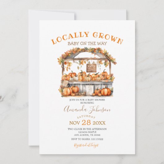 地元で栽培されたオレンジカボチャ市場ベビーシャワー 招待状 (正面)