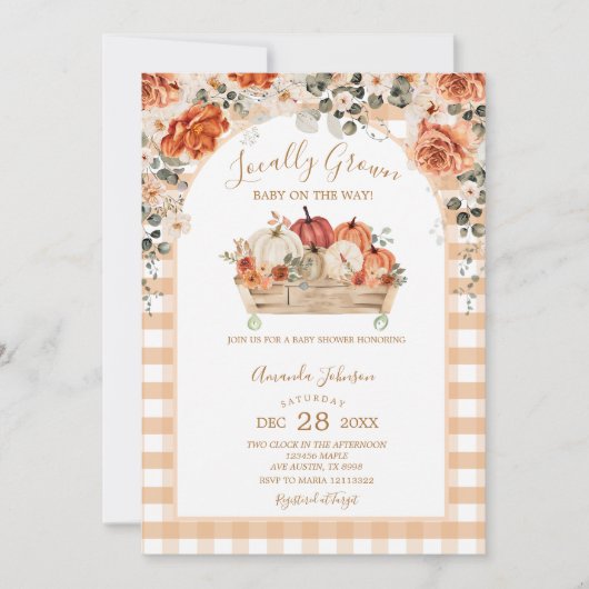 地元で栽培されたカボチャのキャリッジ赤ちゃんシャワー 招待状 (正面)