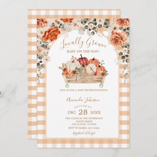 地元で栽培されたカボチャのキャリッジ赤ちゃんシャワー 招待状 (正面/裏面)
