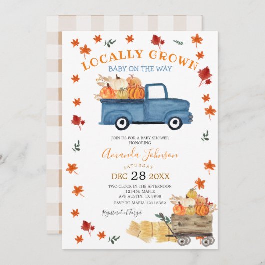 地元で栽培されたカボチャのトラック秋男の子ベイビーシャワー 招待状 (正面/裏面)