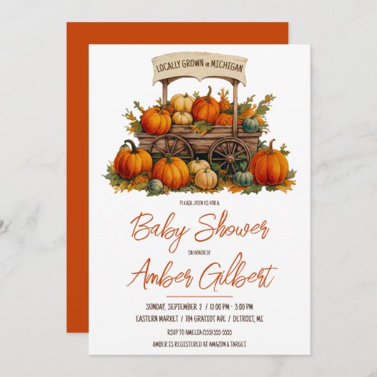 地元で栽培されたカボチャファーマーズマーケットベビーシャワー 招待状 (正面/裏面)
