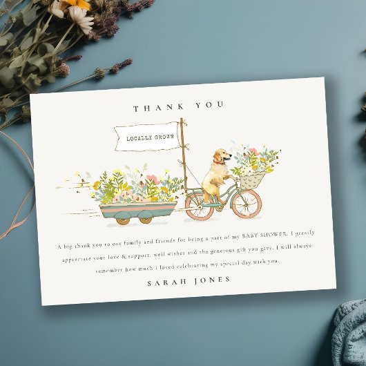 地元で栽培されたゴールデンレトリバーフローラベビーシャワー サンキューカード