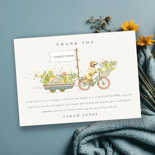 地元で栽培されたゴールデンレトリバーフローラベビーシャワー サンキューカード