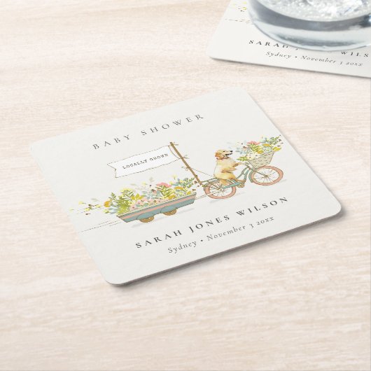 地元で栽培されたゴールデンレトリバーフローラベビーシャワー スクエアペーパーコースター (アングル)