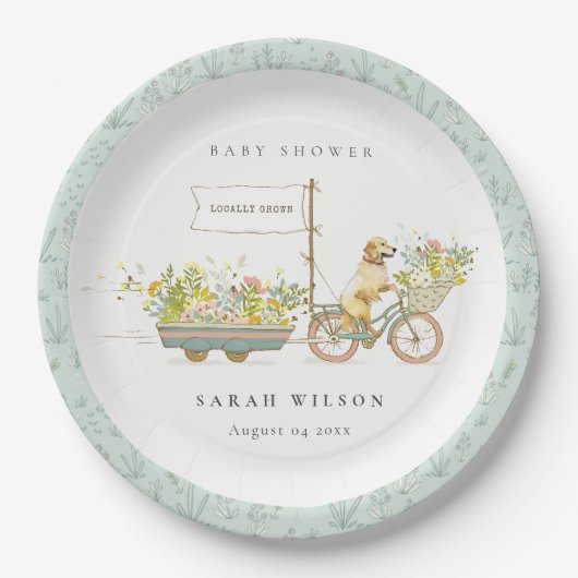 地元で栽培されたゴールデンレトリバーフローラベビーシャワー ペーパープレート (正面)