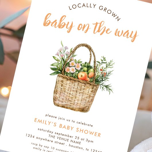 地元で栽培されたスクリプト農家市場ベビーシャワー 招待状