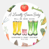 地元で栽培されたピンクのブーツ野菜ベビーシャワー ラウンドシール (正面)