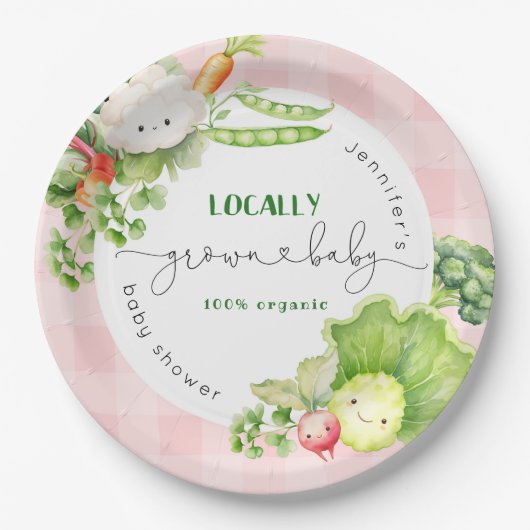 地元で栽培されたピンクのベビー農家市場ベビーシャワー ペーパープレート (正面)