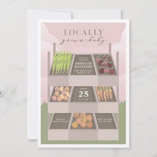 地元で栽培されたピンクの農家市場ベビーシャワー 招待状 (正面)