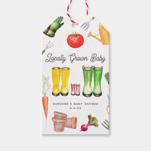 地元で栽培されたピンクブーツガーデン赤ちゃんシャワー ギフトタグ (正面)