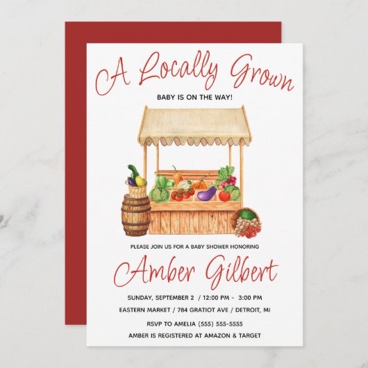 地元で栽培されたファーマーズマーケットの赤ちゃんシャワー 招待状 (正面/裏面)