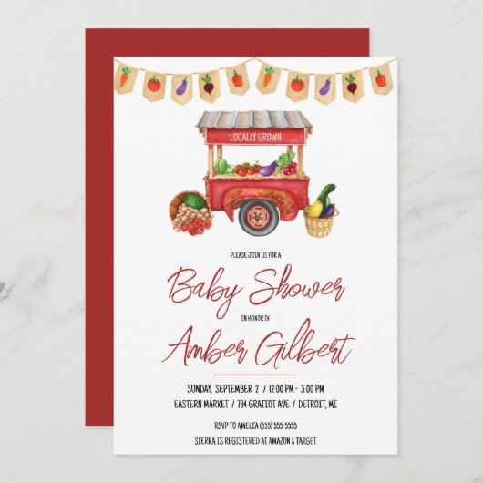 地元で栽培されたファーマーズマーケットの赤ちゃんシャワー 招待状 (正面/裏面)