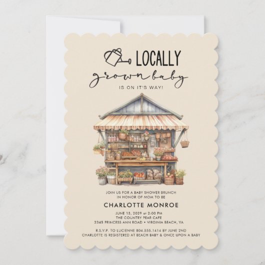 地元で栽培されたファーマーズマーケットベビーシャワー 招待状 (正面)