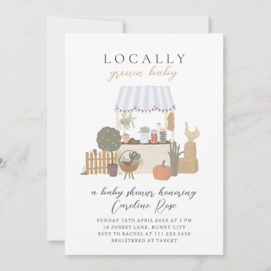 地元で栽培されたファーマーズマーケットベビーシャワー 招待状 (正面)