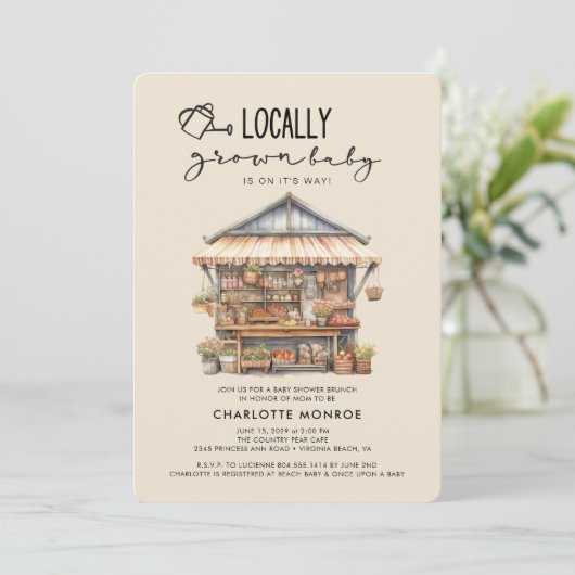 地元で栽培されたファーマーズマーケットベビーシャワー 招待状 (スタンド正面)