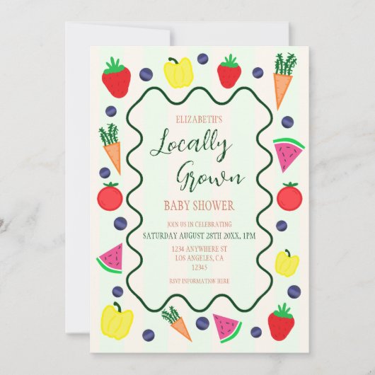 地元で栽培されたファーマーズマーケットベビーシャワー 招待状 (正面)