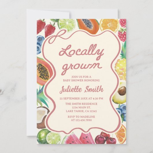 地元で栽培されたフルーツ赤ちゃんシャワー 招待状 (正面)