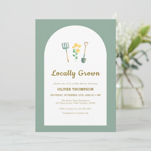 地元で栽培されたフローラガーデニング赤ちゃんシャワー 招待状 (スタンド正面)