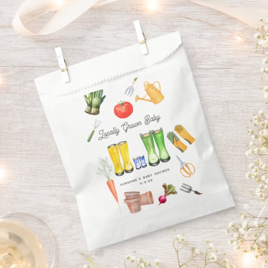 地元で栽培されたブルーブーツガーデン赤ちゃんシャワー フェイバーバッグ (クリップ留めされた状態)